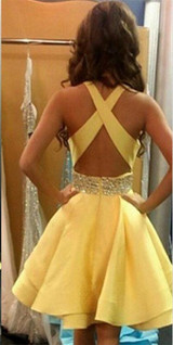 Robe De Cocktail Elegant Cocktail Dresses 2017 Yellow Beaded Open Back Short Mini Summer Dress Prom Dress Party Gowns