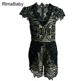 RlmaBaby Clubwear Party Fringe Lace White Rompers Women Jumpsuit V Neck Hollow Out Femme Overalls Playsuit Short Jumpsuit