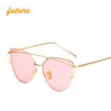 2017 Cat Eye vintage Brand designer rose gold mirror Sunglasses For Women Metal Reflective flat lens Sun Glasses Female oculos