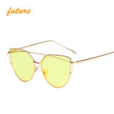 2017 Cat Eye vintage Brand designer rose gold mirror Sunglasses For Women Metal Reflective flat lens Sun Glasses Female oculos