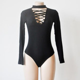 2016 Knitted lace up bodysuit high neck women jumpsuit sexy club bodycon bodysuit women tops cut out party blouse black blusa