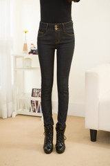 2016 Jeans Women Winter Gold Fleeces Inside Denim Jean Solid Pencil Pants Double Buttons Warm Thickening Pants P8018