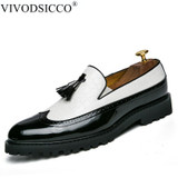 VIVODSICCO Black White Tassel Men bullock Dress Shoes Patent Leather Luxury Fashion Brogue Wedding Shoes Oxford shoes For Men