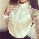 New 2016 spring elegant organza bow of Pearl White blouse casual chiffon shirt women