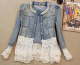 New 2016 Lady Vintage Jeans Jacket Lace Jacket Spring Jackets Women Outerwear Slim Lace Patchwork Long-sleeve Denim Jacket