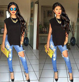 New 2016 Hot Fashion Ladies Cotton Denim Pants Stretch Womens Bleach Ripped Skinny Jeans Denim Jeans For Female