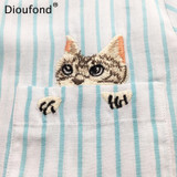 Dioufond Striped Cat Embroidery Blouse Shirt Women Long Sleeve Tops 2017 Casual Pocket Button Down Blouses Embroidered Plus Size