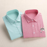 Dioufond Print Cat Embroidery on Pocket Shirts Lady 2017 Spring New Fashion White Navy Casual Blouse Shirts Long Sleeve Blouse
