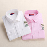 Dioufond Print Cat Embroidery on Pocket Shirts Lady 2017 Spring New Fashion White Navy Casual Blouse Shirts Long Sleeve Blouse