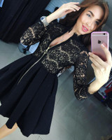 2017 Spring AutumnWomens Dresses Zipper V-Neck 3/4 Sleeve Sexy Lace Pleated Dress Female Party Mini A-Line Vestidos Plus size