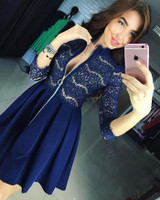 2017 Spring AutumnWomens Dresses Zipper V-Neck 3/4 Sleeve Sexy Lace Pleated Dress Female Party Mini A-Line Vestidos Plus size