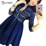 2017 Spring AutumnWomens Dresses Zipper V-Neck 3/4 Sleeve Sexy Lace Pleated Dress Female Party Mini A-Line Vestidos Plus size