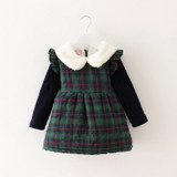 Warm Winter Long Sleeve Baby Infants Fur Collar Children Girls Kids Velvet Plaided Thicken Princess Party Dress Vestidos S4238