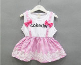 Free shipping 2016 new summer Korean baby dresses bow false two plaid shoulder straps baby girl dress A119