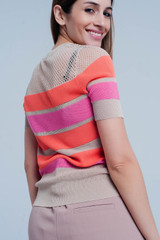 Orange Striped Open Knit Sweater Short Sleeves