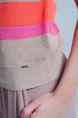 Orange Striped Open Knit Sweater Short Sleeves