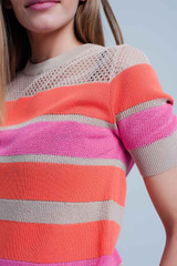 Orange Striped Open Knit Sweater Short Sleeves