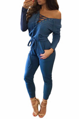 New 2016 Summer Rompers Women Denim Jeans Slim Casual Romper Plunge Neck Open Back Denim Jumpsuit LC64172 Full Length Overalls