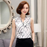 New 2016 Summer Chiffon Blouse shirt Women Printed Sleeveless White top Blouses Shirts Female Office tops