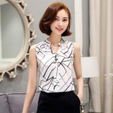 New 2016 Summer Chiffon Blouse shirt Women Printed Sleeveless White top Blouses Shirts Female Office tops