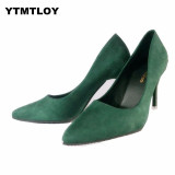 Women Pumps Fashion Shoes All Match Thin High Heel Pointed Toe Flock Wedding Green Sexy Heels Pink Black Luxury  Dress Ladies