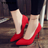 Women Pumps Fashion Shoes All Match Thin High Heel Pointed Toe Flock Wedding Green Sexy Heels Pink Black Luxury  Dress Ladies