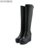 2019 New genuine leather Women Boots wedgesn High Heel platform knee high boots winter warm Ladies Chelsea Boots