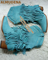 ALMUDENA Women Cowboy Style Fringe Middle Boots Chunky Heel Studded Tassel Boots Real Photo Motorcycle Boots Gladiator Shoes
