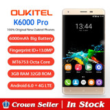 Oukitel K6000 Pro 4G Mobile Phone 5.5 inch FHD MTK6753 Octa Core Android 6.0 3GB RAM 32GB ROM 13MP Cam Fingerprint ID Smartphone