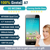 Original Gretel A7 MTK6580 Quad-core 4.7" HD Android 6.0 8.0MP CAM 1GB RAM 16GB ROM Gorilla Glass Dual SIM GPS 3G Smartphone