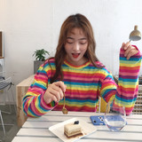 Harajuku Women Casual Rainbow Stripe T Shirt For Girls Autumn Female Shirt Long Sleeved Ladies T-shirts Woman Tops Feminine
