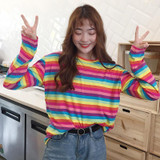 Harajuku Women Casual Rainbow Stripe T Shirt For Girls Autumn Female Shirt Long Sleeved Ladies T-shirts Woman Tops Feminine