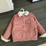 Harajuku wind ladies winter fashion Casual turn-down collar pockets lamb wool warmer thick cotton corduroy loose jacket