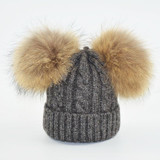 HAPPYTAIL Winter Baby Hat Pom Pom Knitted Toddler Kid Warm Real Double Raccoon Fur Balls Wool Beanies for Boys and Girls