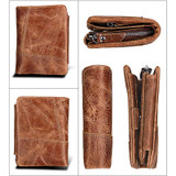 Men's Vintage Genuine Leather RFID Multi Card Slots Double Zippers Short Wallet