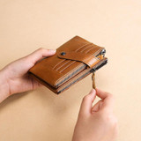 Mens Fashion Genuine Leather Rfid Multi Card Slots Double Zippers Short Wallet