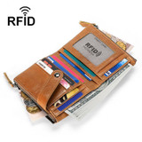Mens Fashion Genuine Leather Rfid Multi Card Slots Double Zippers Short Wallet