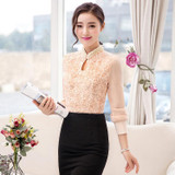 New style Women Chiffon blouse Sexy Flower Beaded lace Tops long sleeved Casual shirt Patchwork Women clothing