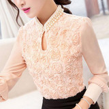 New style Women Chiffon blouse Sexy Flower Beaded lace Tops long sleeved Casual shirt Patchwork Women clothing