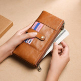 Men's Genuine Leather RFID Multi Card Slots Double Zippers Long Wallet