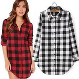 New Style Fashion Hot Fashion Women Long Sleeve Blouse Plaid Print Shirt Single Breasted Cotton Shirt
