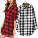 New Style Fashion Hot Fashion Women Long Sleeve Blouse Plaid Print Shirt Single Breasted Cotton Shirt