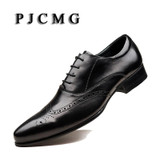 PJCMG Fashion Black/Wine Red Oxfords Mens Dress Lace-Up Pointed Toe Shoes Genuine Leather Formal Business Man Wedding Shoes