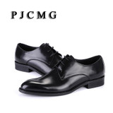 PJCMG High Quality Pointed Toe Genuine Leather Lace-Up Solid Casual Black Wedding Men Flats Buckle Oxford Dress Oxfords Shoes