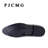 PJCMG High Quality Pointed Toe Genuine Leather Lace-Up Solid Casual Black Wedding Men Flats Buckle Oxford Dress Oxfords Shoes