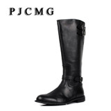 PJCMG Autumn and Winter Comfortable Men's Genuine Nubuck Cow Leather Braided Leather Long Zipper Knee-High Motorcycle Boots