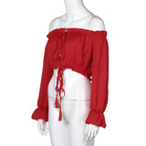 Feitong Women Sexy Off Shoulder Blouse Crop Top 2017 Summer Flare Sleeve Bandage Long Sleeve Shirt Casual Blouse Blusas feminina