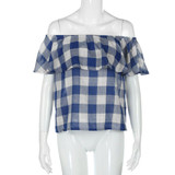 Feitong Women Ladies Sexy Blouses Fashion Summer Off Shoulder Plaid Print Blouse Casual Tops Short Sleeve Shirt blusas feminina