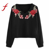 Feitong Women Cropped Sweatshirts Hoodies Casual Embroidery Applique Long Sleeve Pullover Tops Sweatshirts sudaderas mujer 2018