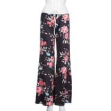Feitong Vintage Women Long Pants Casual High Waist Floral Prints Full Pants Drawstring Wide Leg Pants Trousers pantalon femme